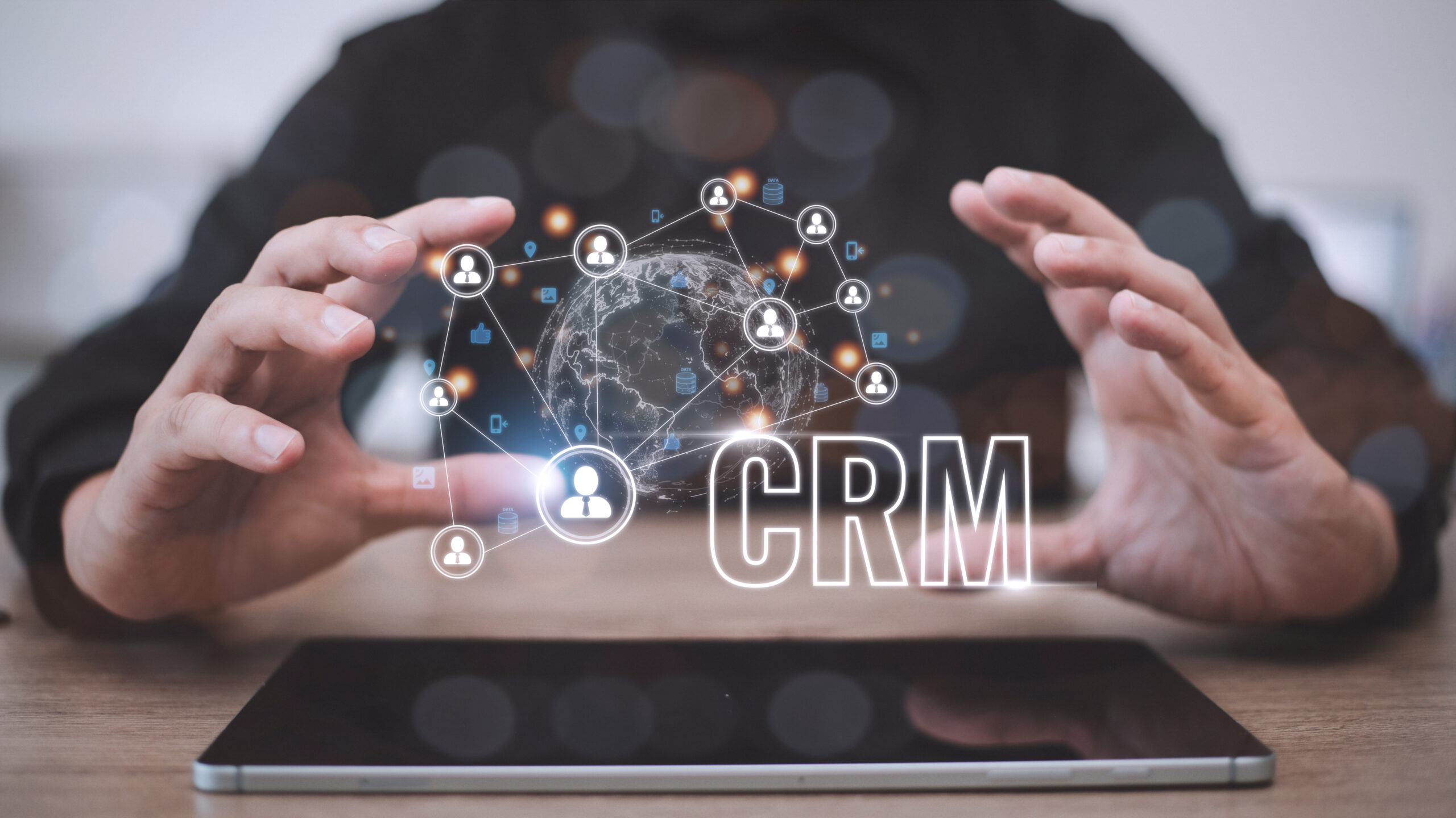 CRM Customer Relationship Management for business sales marketing system concept presented in futuristic graphic interface of service application to support CRM database analysis